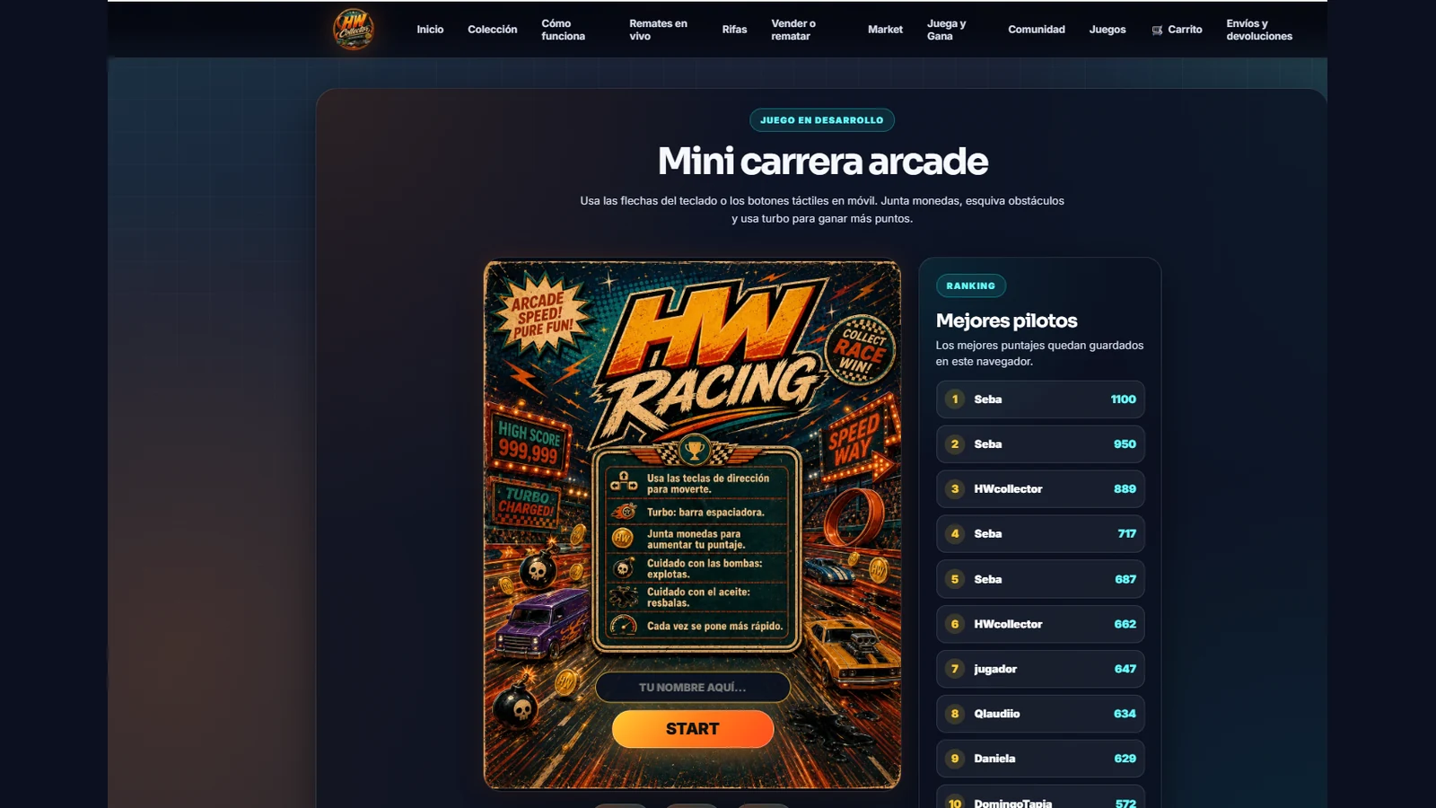 HW Racing - Mini carrera arcade con ranking de puntajes