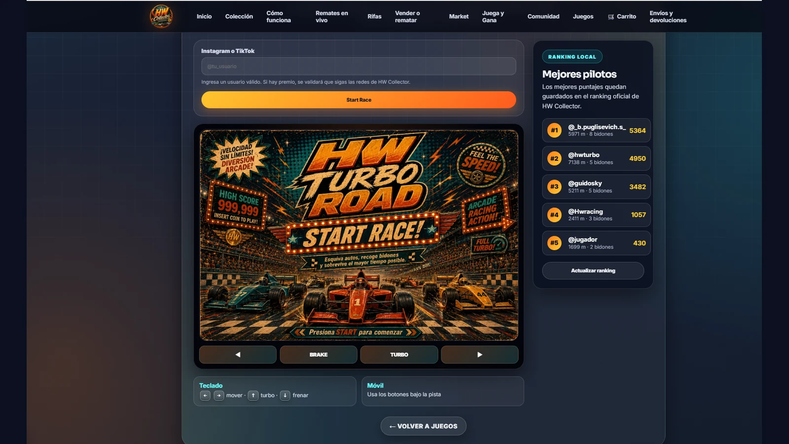 HW Turbo Racing - Juego web de carrera con ranking local y controles móviles